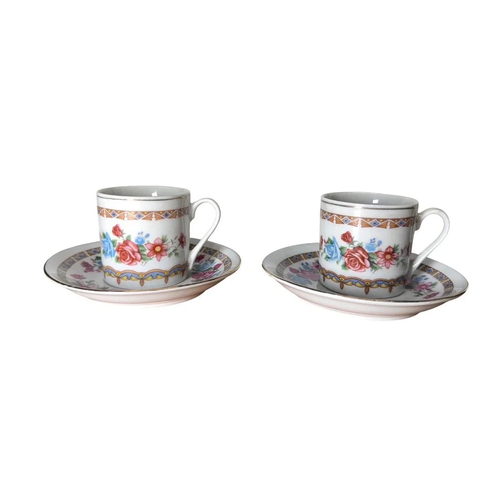 Vintage Chinese Porcelain Espresso Cup and Saucer Set of 2 Floral Demitasse Rose